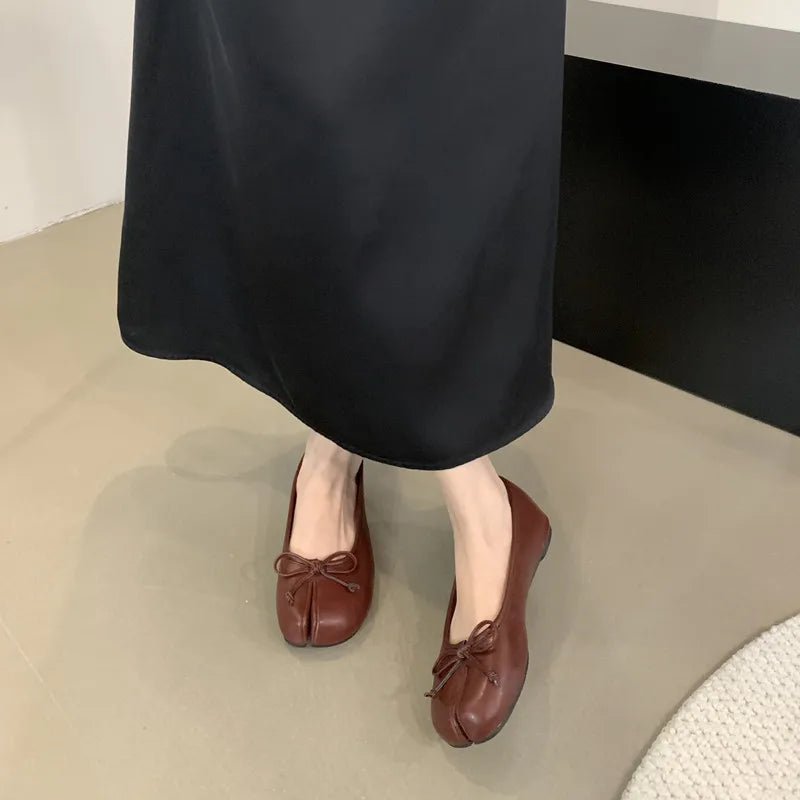 LIZAKOSHT  -  New Spring Split Toe Nude Shoes For Women Butterfly-Knot Shallow Low Heel Round Toe Flat Female Shoes Designer Luxury Brand Cool