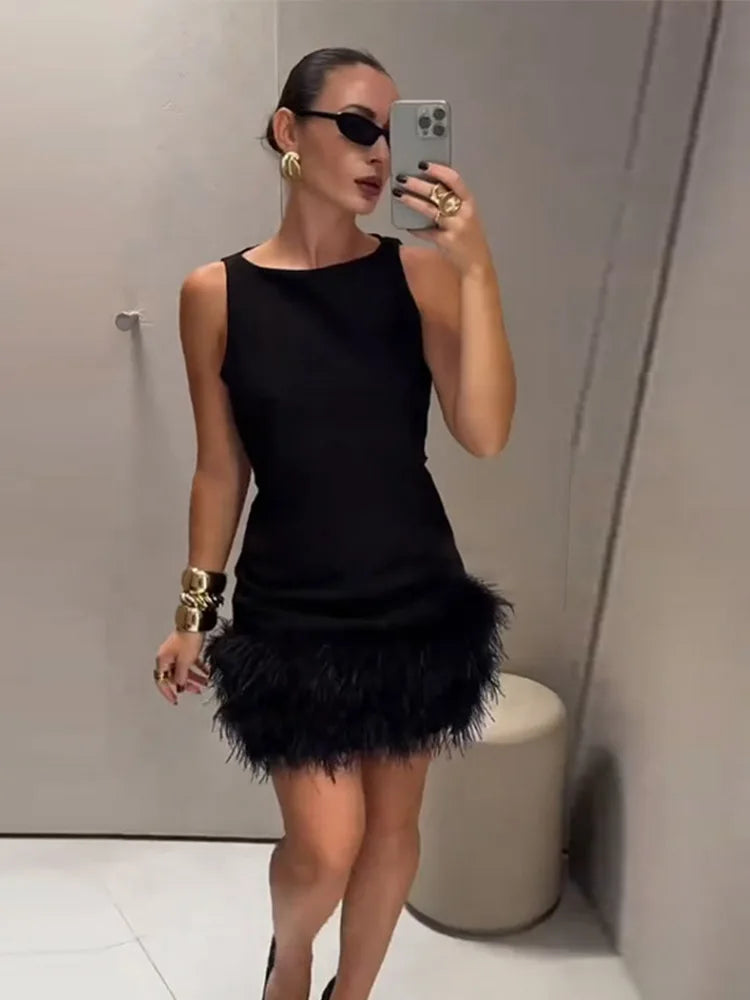 LIZAKOSHT  -  Sleeveless Feather Short Dress Black Women Socialite Party Evening Gown Round Neck Slim Fit Plush Ladies Fashion Slimming Dress