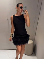 LIZAKOSHT  -  Sleeveless Feather Short Dress Black Women Socialite Party Evening Gown Round Neck Slim Fit Plush Ladies Fashion Slimming Dress