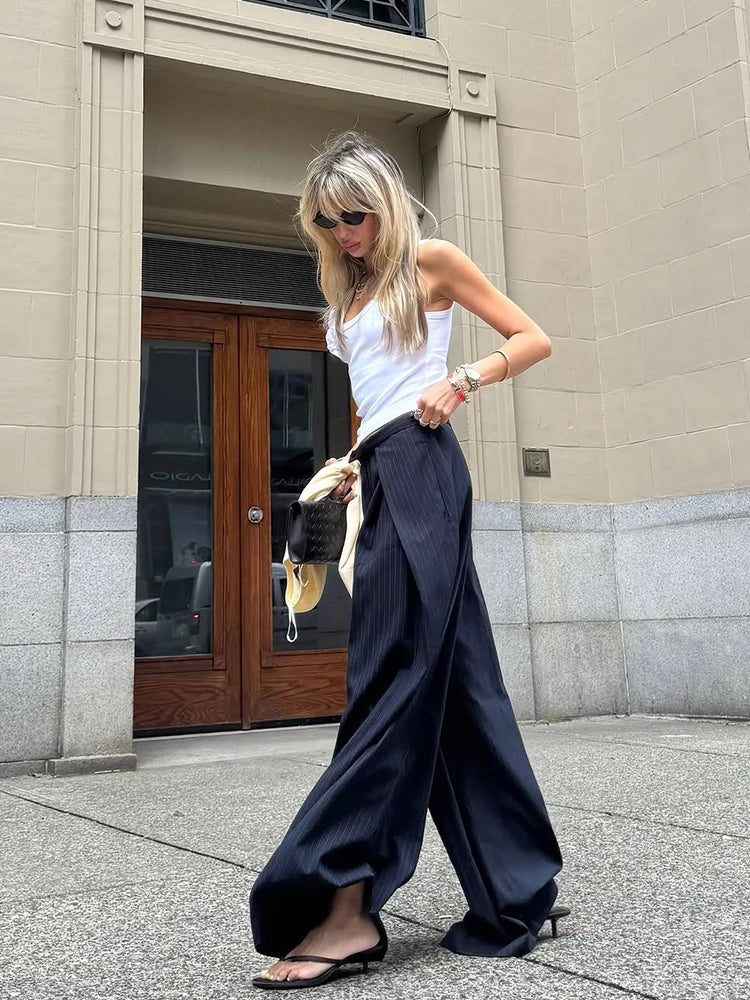 LIZAKOSHT  -  Women's Pants Woman Clothing Wide-Leg Trousers Y2k Pants Tracksuit Female Pinstripe Pleated Fashion High-Waist Casual Bottoms