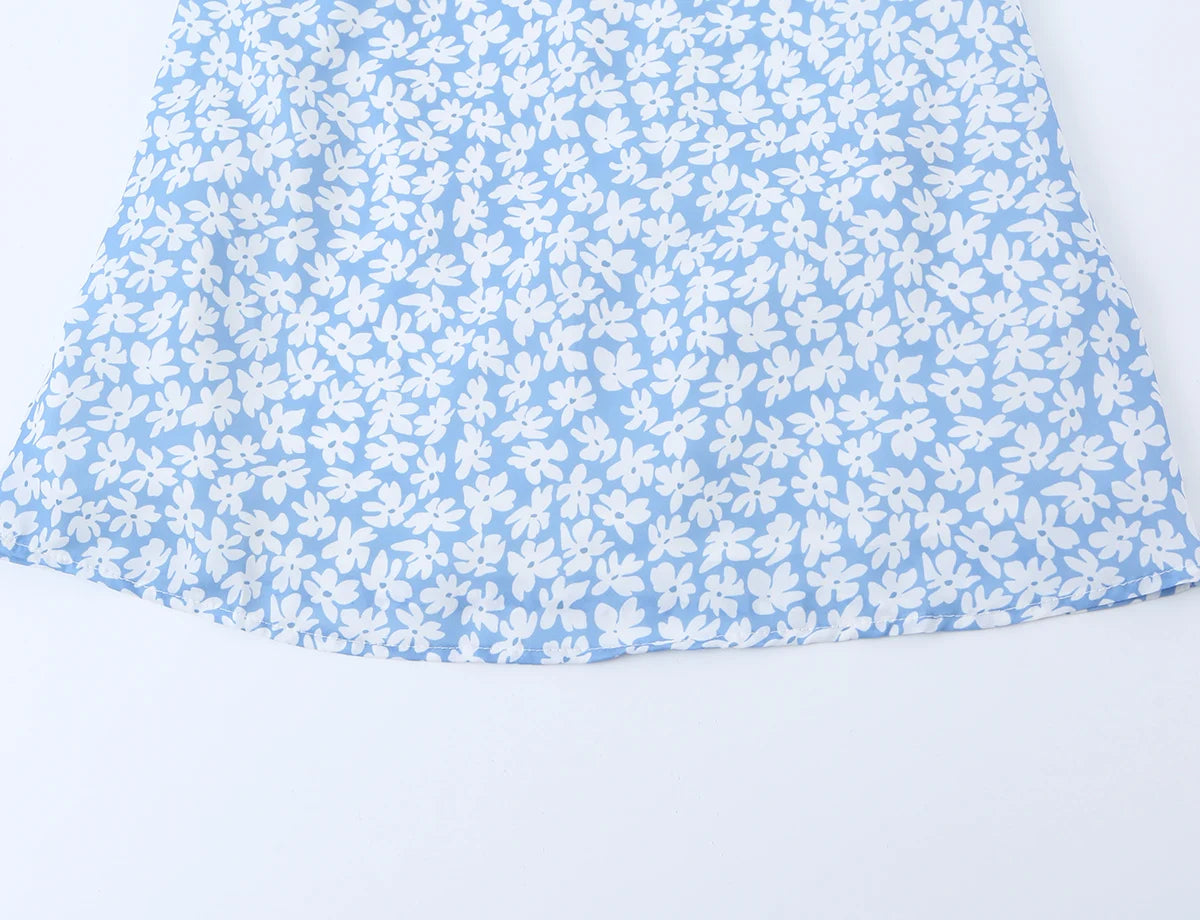 LIZAKOSHT  -  Sexy Light Blue Floral Print V Collar Sling Mini Dress Women Backless Tie Bow Sashes Back A-Line Dresses Femme Vestidos Robe
