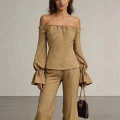 LIZAKOSHT  -  2026 New Bubble Sleeve Temperament Off-the-shoulder One-word Collar Fashion Women's Top Wide-leg Pants Two-piece Set