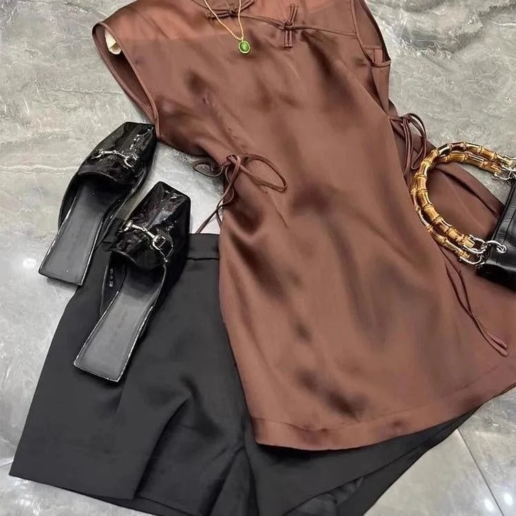 LIZAKOSHT  -  New Chinese Retro O-neck Lace Up Blouses Sumemr New Sleeveless All-match Shirts Women Y2k Mid-length Loose Blusas Mujer