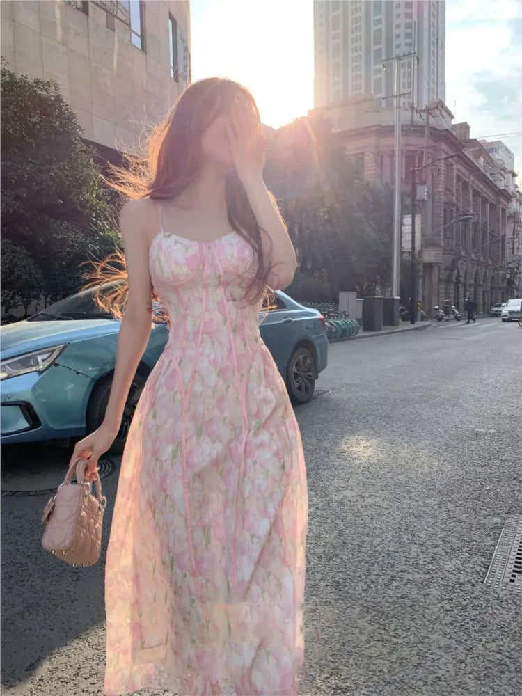 LIZAKOSHT  -  Women Summer Strap Floral Print Pink Corset Dress vintage vestidos sexys mujer abiti da sera vestido de novia wedding prom dress