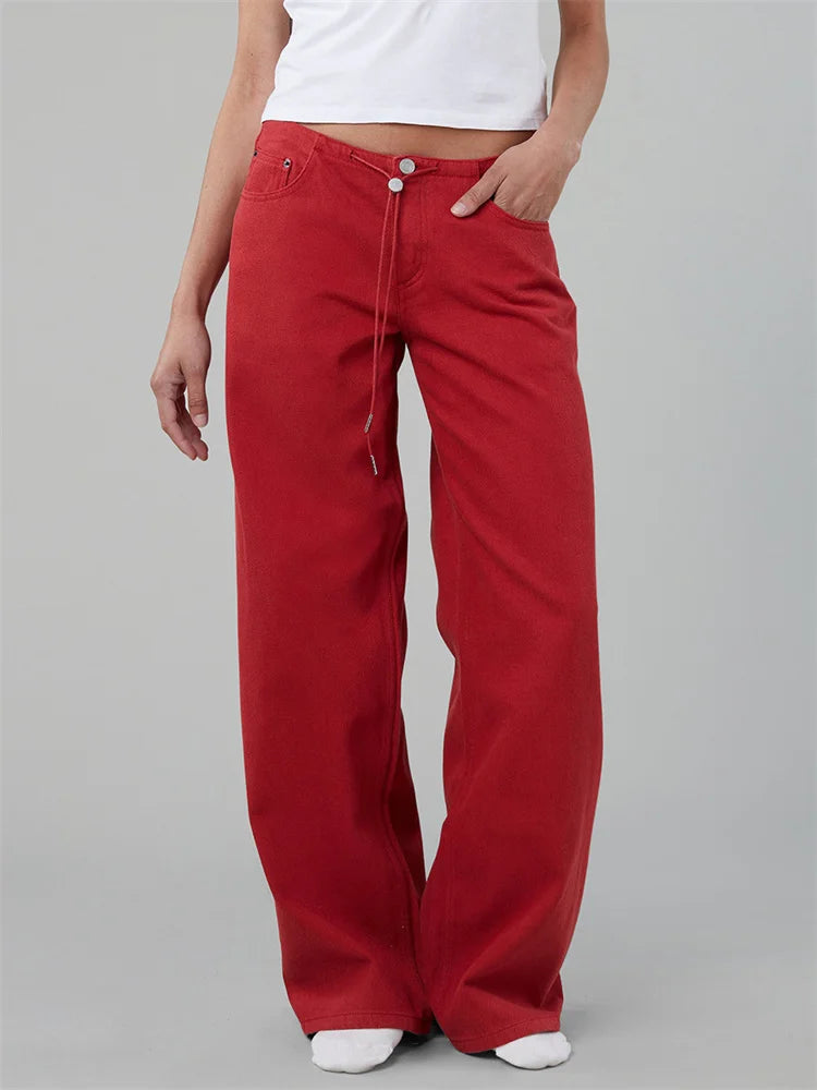 LIZAKOSHT  -  Women Drawstring Jeans Loose Solid Color Low Waist Straight Leg Denim Pants Casual Long Trousers Out Going Pants