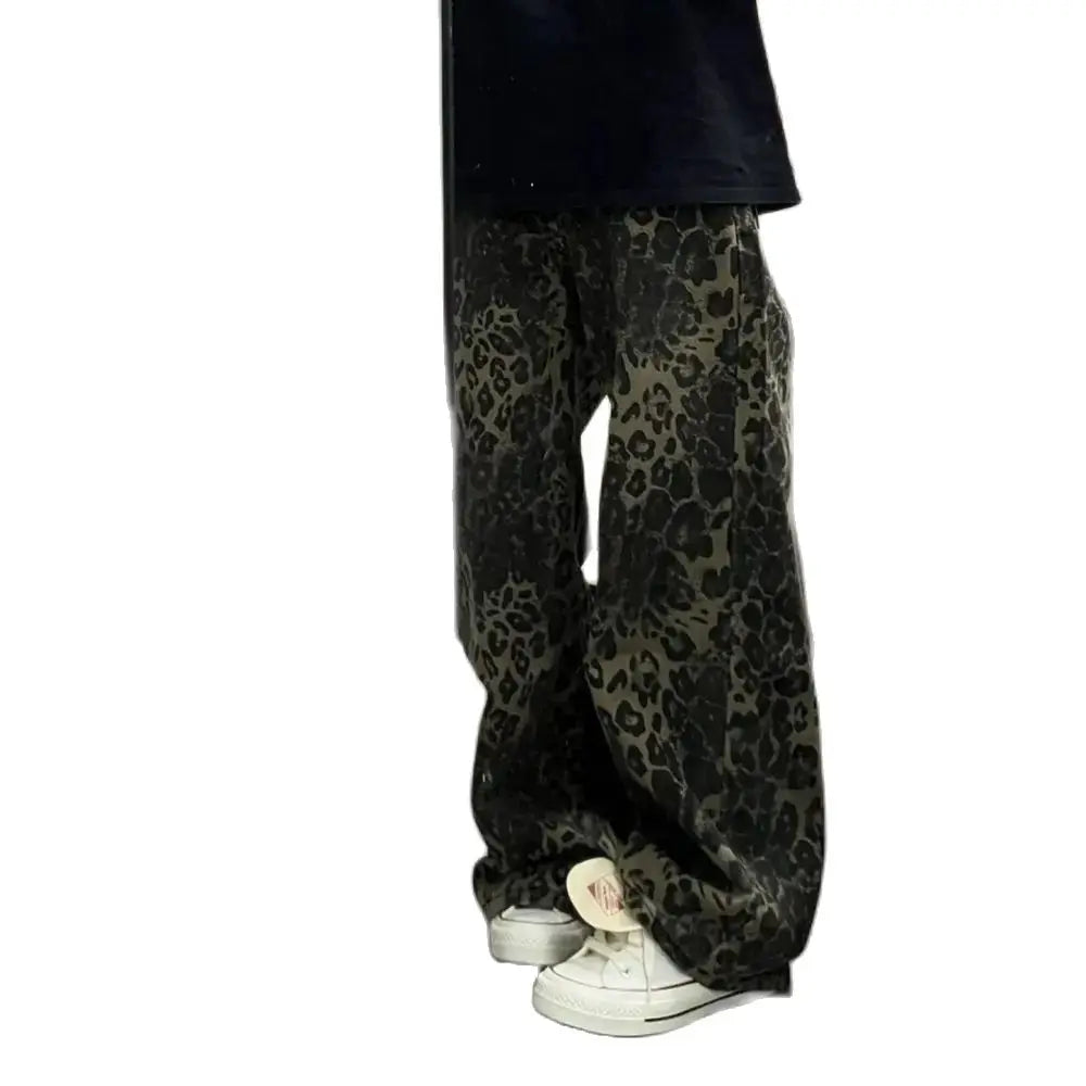 LIZAKOSHT  -  Tan Leopard Jeans Women Men Denim Pants Oversize Wide Leg Trousers Streetwear Hip Hop Vintage Loose Casual Animal Print American