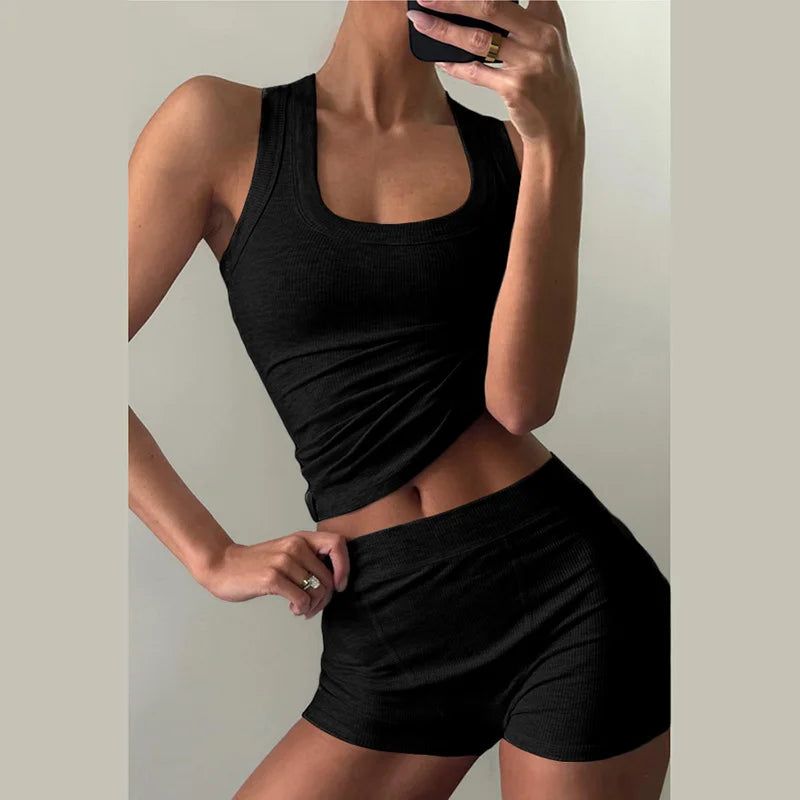 LIZAKOSHT  -  Solid Slim Fit Tank Top High Waisted Shorts Set Sport Fitness Sexy Slim Crop Camis Top Shorts Summer Casual Short Pant