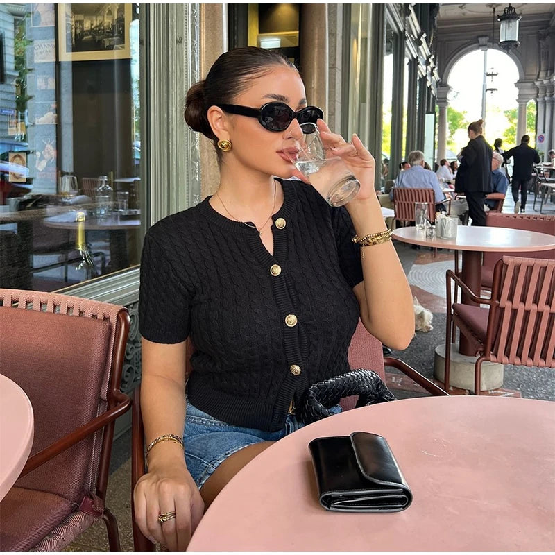 LIZAKOSHT  -  Elegant Knitted Single Breasted Cardigan Women Casual O-neck Short Sleeve Sweater Sweater 2025 Spring All-match Lady Knitwear