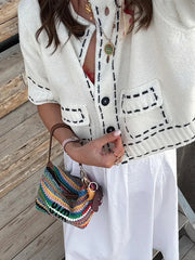 LIZAKOSHT  -  Fashion Knitted Top For Women O-neck Short Sleeve Single Breasted Pocket Mini Blouses 2025 Summer Female  Casual Loose Outerwear