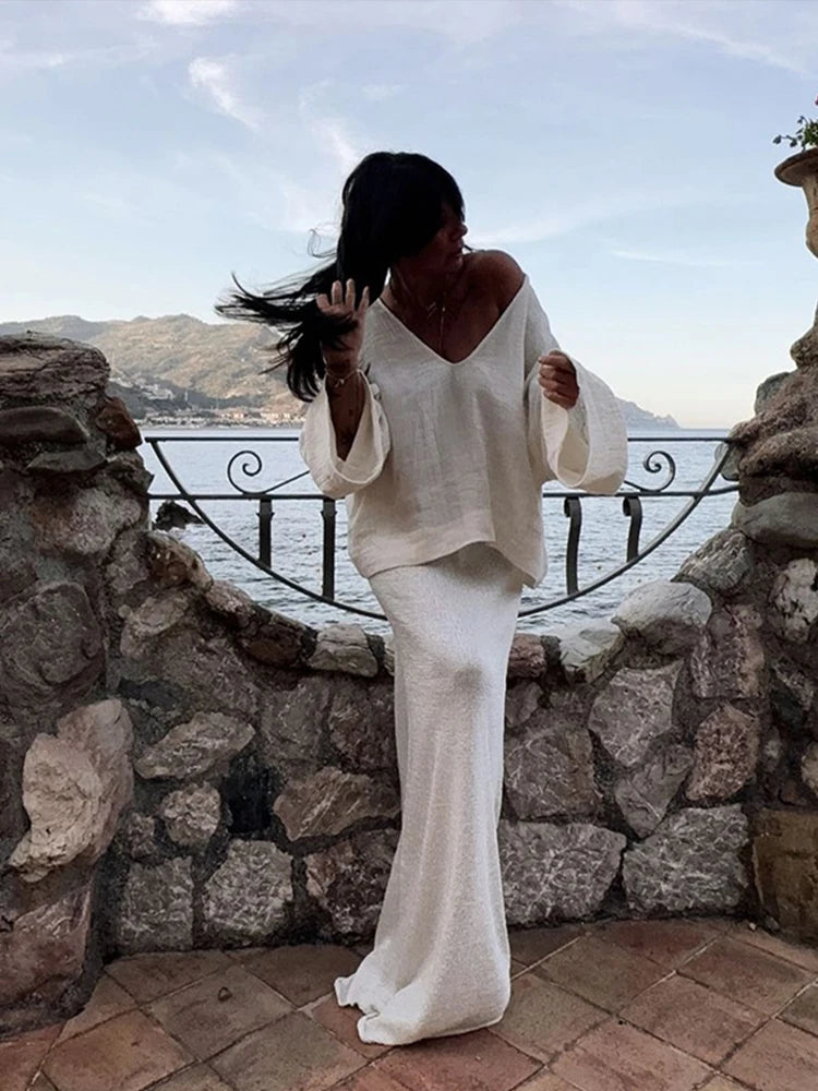 LIZAKOSHT  -  Ladies' Sexy Backless Shirt Back Opening Tie White Top Long Sleeved Loose Casual Cover Deep V Autumn Women's Clothing