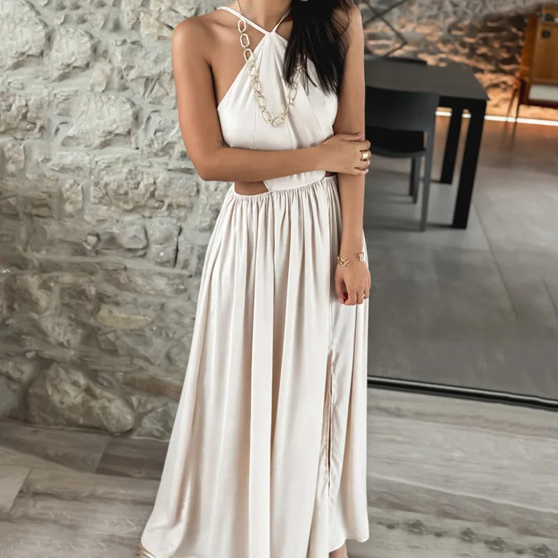 LIZAKOSHT  -  Women Spring High Slit A-line Dress Elegant Off Shoulder Halter Party Dress Lady Elegant Hollow Waisted Evening Slim Dress 2025