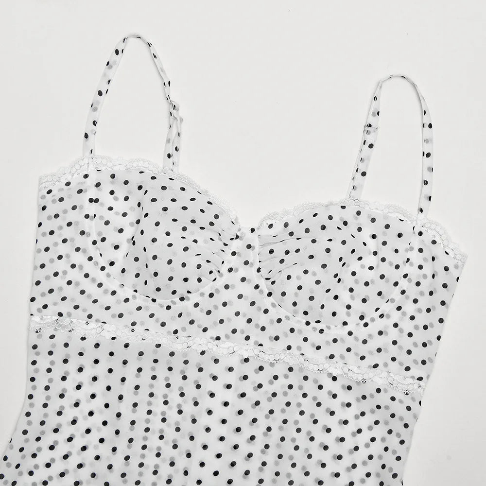 LIZAKOSHT  -  Elegant Lace Patchwork Chiffon Polka Dot Dress White Black Summer Women Spaghetti Strap Zipper Evening Party Dresses