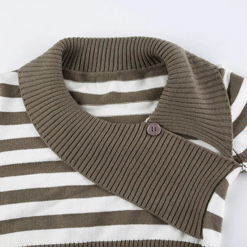 LIZAKOSHT  -  Sweater Contrast Striped Diagonal Collar American Retro Female Slim Slim Hot Girl Sweater Short Coat Tide