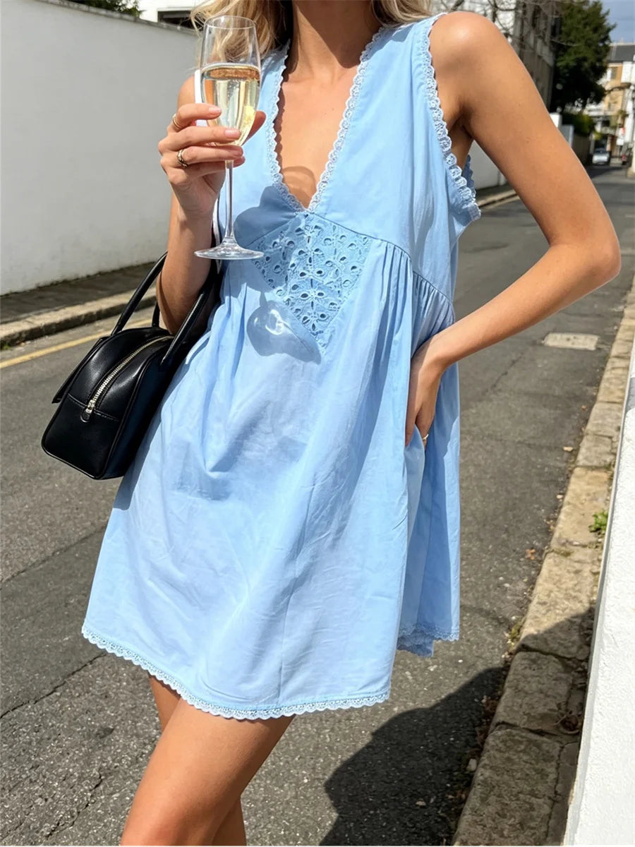 LIZAKOSHT  -  Trendy Women Summer Tank Dress Sleeveless Deep V Neck Lace Floral Eyelet Mini Dress for Beach Holiday Casual