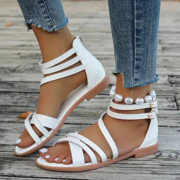 LIZAKOSHT  -  Cross Low Sandals Woman Leather Suit Female Beige Large Size Round Toe Shoes 2025 Summer Low-heeled Black Closed Fashion Big Bea