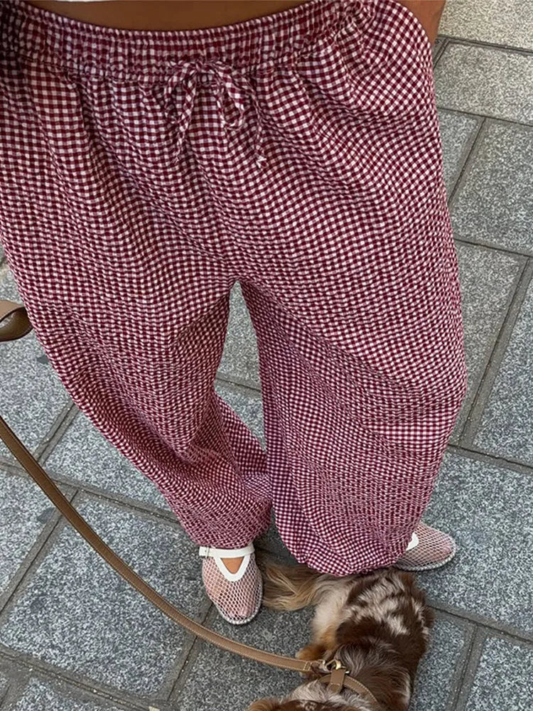 LIZAKOSHT  -  Elastic Drawstring Plaid Jogger Bottom Grid Thigh Cut Ankle Cuffs Summer Autumn Indoor Casual Lady  Vintage Cozy Outfit