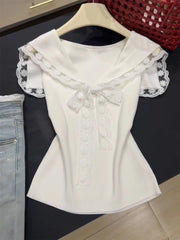 LIZAKOSHT  -  Harajuku Style Navy Collar Lace Trim Tank Top Women Summer New Sweet T-shirt Girl Elegant Bow Waist Cropped Sleeveless Tops