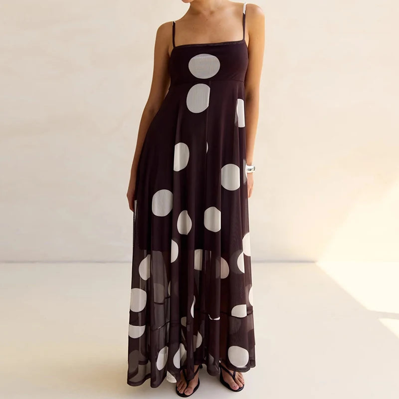 LIZAKOSHT  -  Retro Polka Dot Maxi Dress Elegant Lady Spaghetti Strap Flowy Dresses for Women Summer Vacation Brunch Outfits
