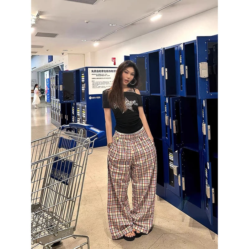 LIZAKOSHT  -   Women's Baggy Pants Oversize Sweatpants Plaid Long Pants Harajuku Japanese 2000s Style Y2k Vintage Trousers Clothes