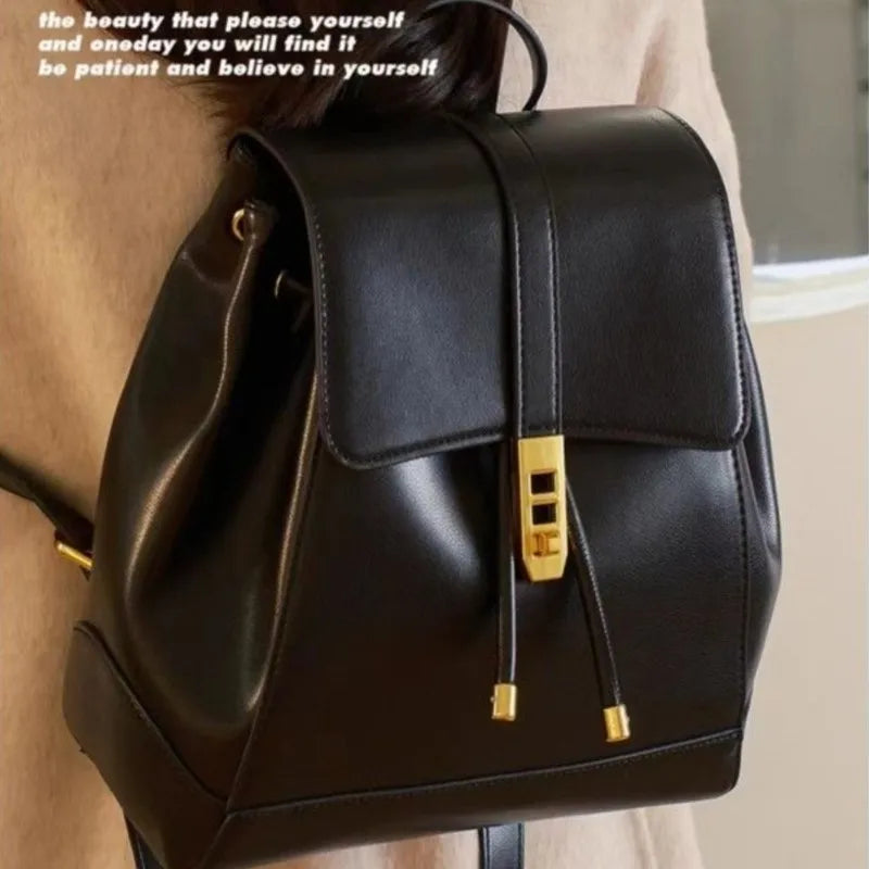 LIZAKOSHT  -  Retro Drawstring Backpack Women Solid Color Leather Large Capacity Fashion Premium Travel Bag Ladies Sle Casual Mochilas Mujer