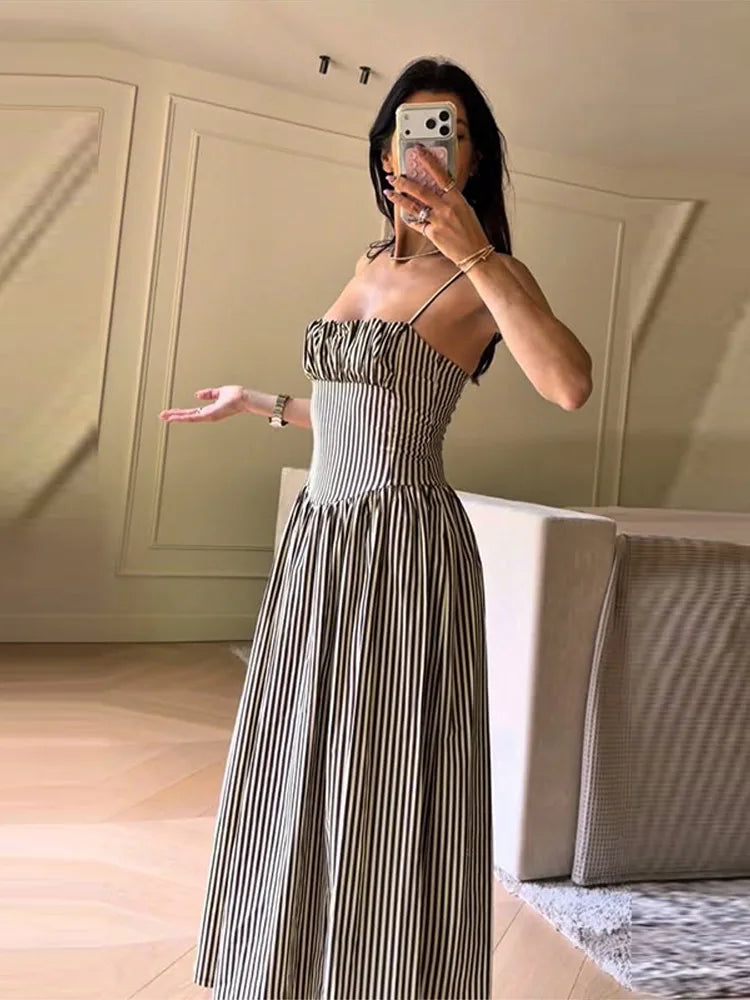 LIZAKOSHT  -  Striped Spaghetti Strap Drop Waist Midi Dress Sleeveless Bustier Summer Casual Women Vestido Chic Fashion Lady Vestido