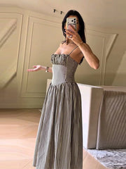 LIZAKOSHT  -  Striped Spaghetti Strap Drop Waist Midi Dress Sleeveless Bustier Summer Casual Women Vestido Chic Fashion Lady Vestido