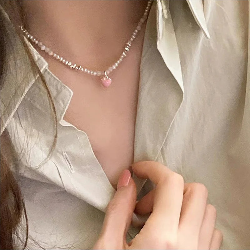 LIZAKOSHT Korea Silver Color Acrylic Beads Pearl Strand Choker Necklaces for Women Pink Color Enamel Love Heart Pendant Necklace