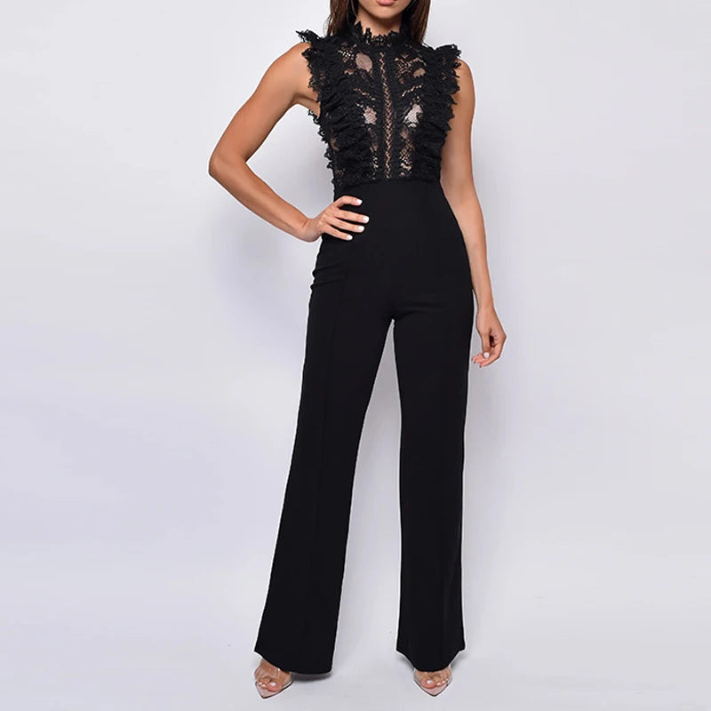 LIZAKOSHT  -  Stand Collar Sleeveless One Piece Jumpsuits Sexy Lace Patchwork Sheer Straight Rompers Women Elegant Waist Solid Long Playsuits