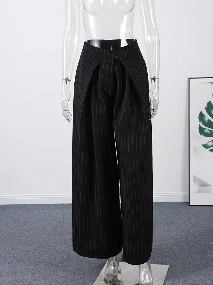 LIZAKOSHT  -  Women's Pants Woman Clothing Wide-Leg Trousers Y2k Pants Tracksuit Female Pinstripe Pleated Fashion High-Waist Casual Bottoms