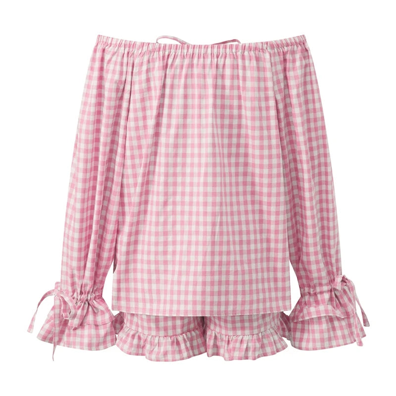 LIZAKOSHT  -  Vintage Plaid Pajama Set Elegant Lady Off Shoulder Tops + Ruffle Shorts Women 2 Piece Lounge Outfit Loose Sleepwear