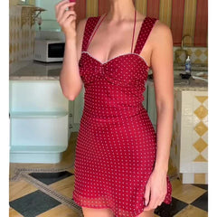 LIZAKOSHT  -  Romantic Polka Dot Red Women Short Dress Square Collar Halter Sleevelss A-line Dresses Summer Vacation Style Outfits
