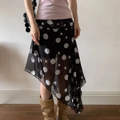 LIZAKOSHT  -  summer fashion on the new Korean wear black polka dot irregular mesh stitching design long skirt skirt