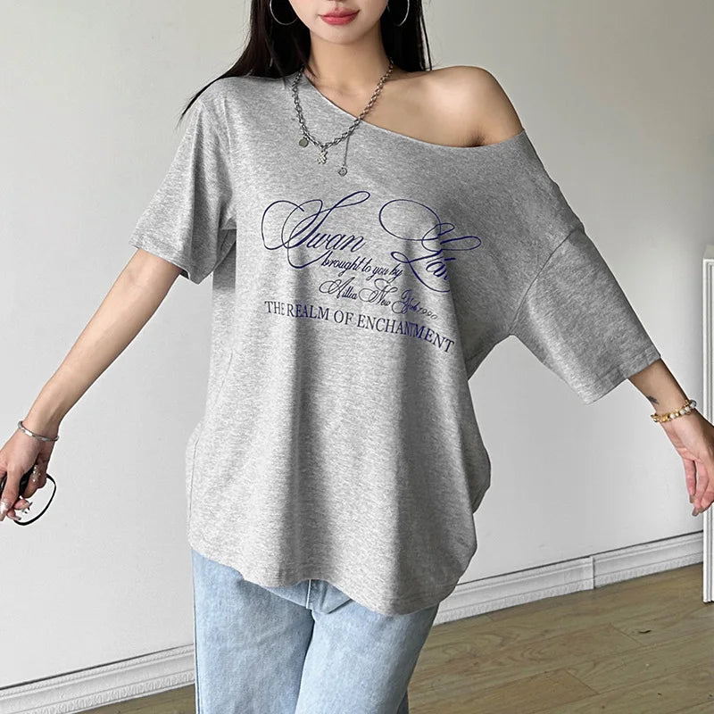 LIZAKOSHT  -  Letter Print Graphic T Shirts White Oversized One Shoulder Tops Womens Summer Fashion Clothing Trends 2025