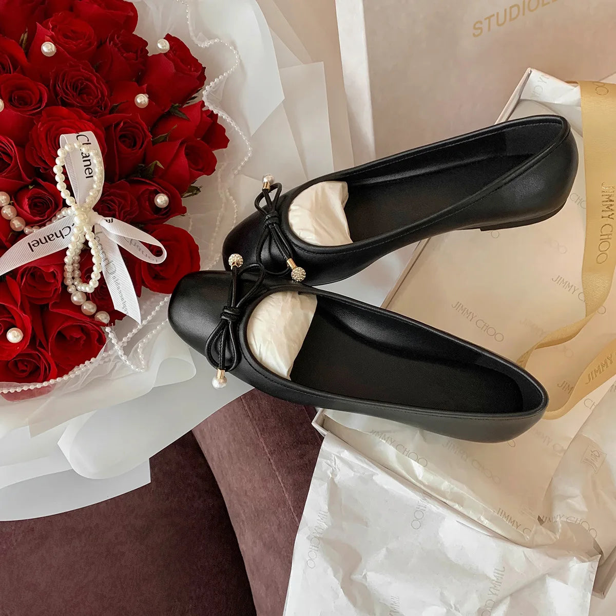 LIZAKOSHT -  Luxury Glitter Sequins Bowtie Ballets Shoes Ladies Square Toe Silver Flats Woman Slip On Moccasins Female Soft Soled Ballerinas