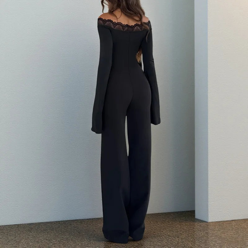 LIZAKOSHT  -  Fall Winter Elegant Off Shoulder Lace Patchwork Jumpsuit Women Long Sleeve Solid Black Slim Fit Fashion Street Outfit