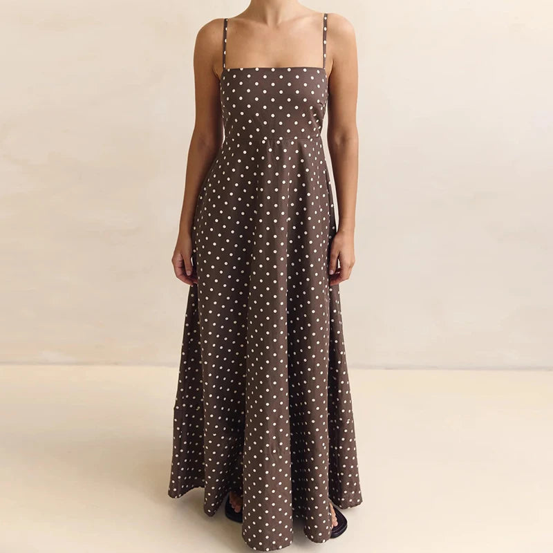 LIZAKOSHT  -  Women Vintage Maxi Dress Dot Print Sleeveless Spaghetti Strap A Line Dress with Pockets Elegant Backless Long Dress