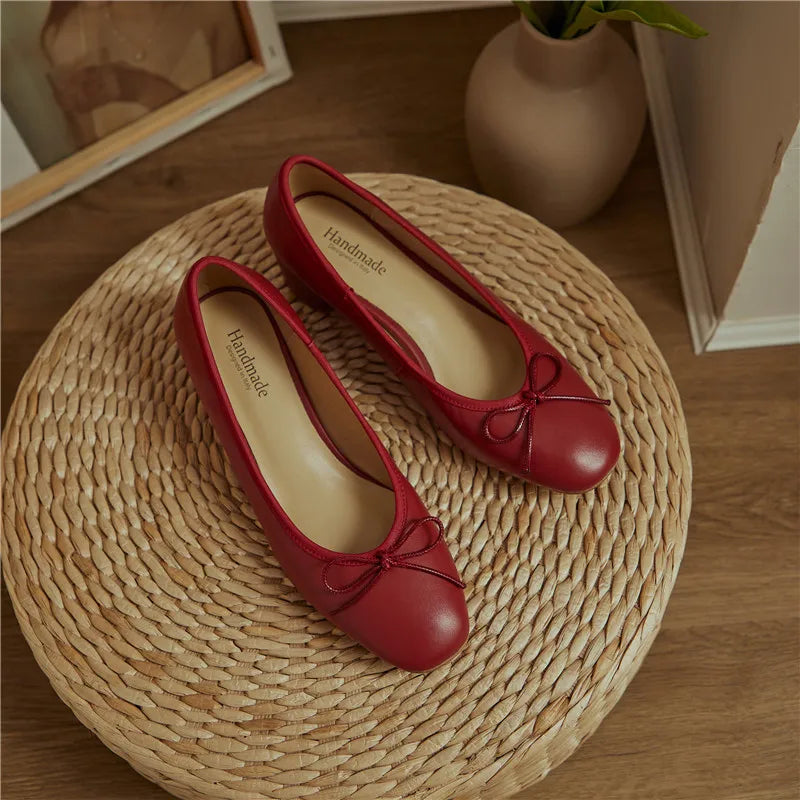 LIZAKOSHT  -  Genuine Leather Women Shoes Fashion Butterfly-knot Spring and Autumn Pumps Slip-On Casual Shoes Chunky Heel Size 34-40