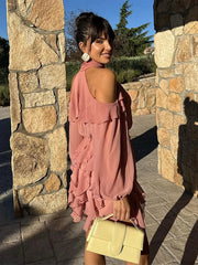 LIZAKOSHT  -  Fashion Hollow Out Puff Sleeve Women's Dresses Pleated Tassel Hem Short Dresses New Casual Round Neck Elegant Women Dress