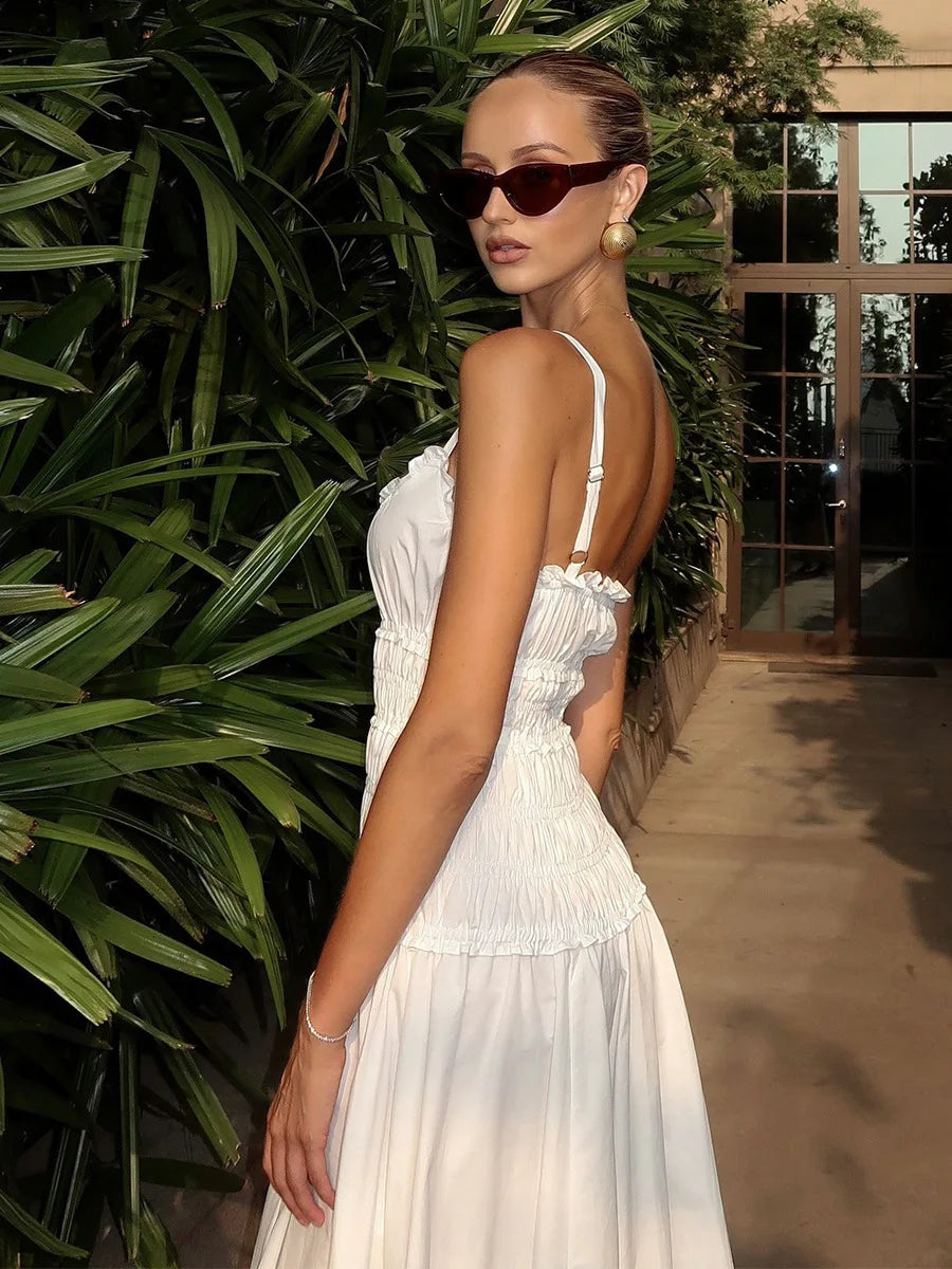 LIZAKOSHT  -  New 2026 Summer White Ruched Long Dresses Women's Spaghetti Strap Cotton Slim Fitted Waist Dress