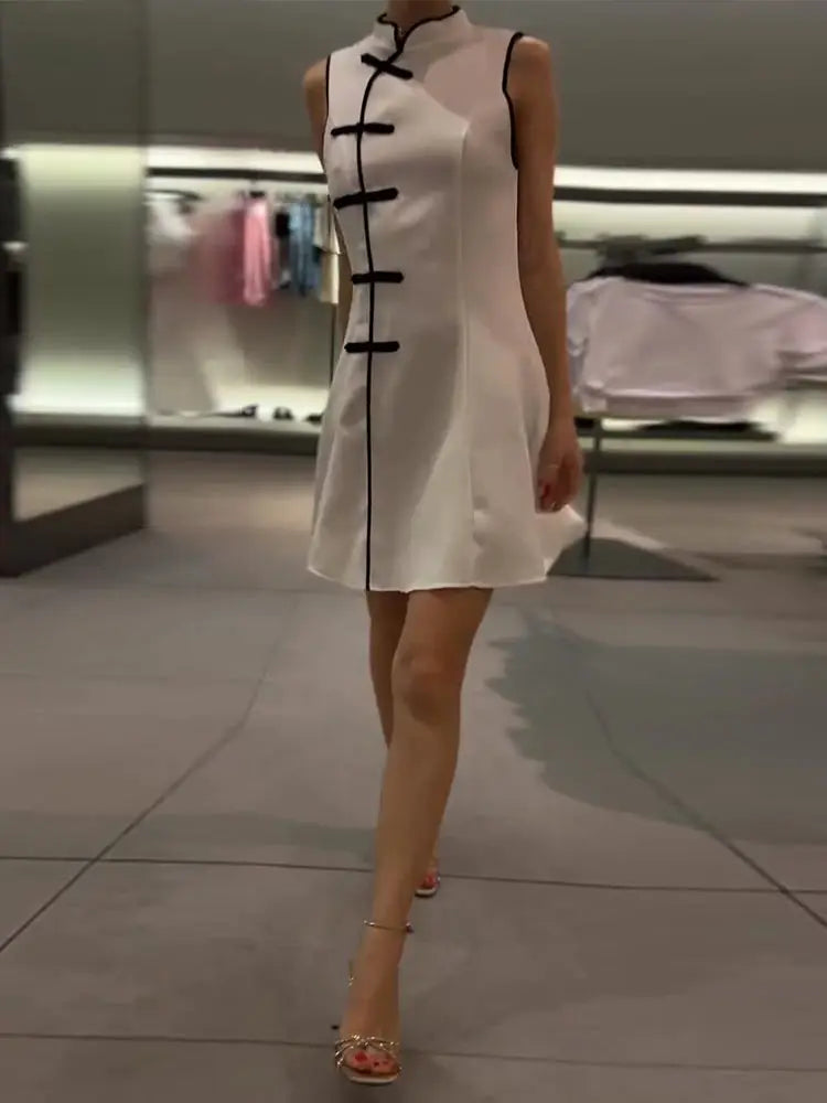 LIZAKOSHT  -  Sleeveless Qipao-Style Mini Dress with Knot Buttons Stand Collar Satin Dress Summer Casual & Streetwear Qipao Mini Dress
