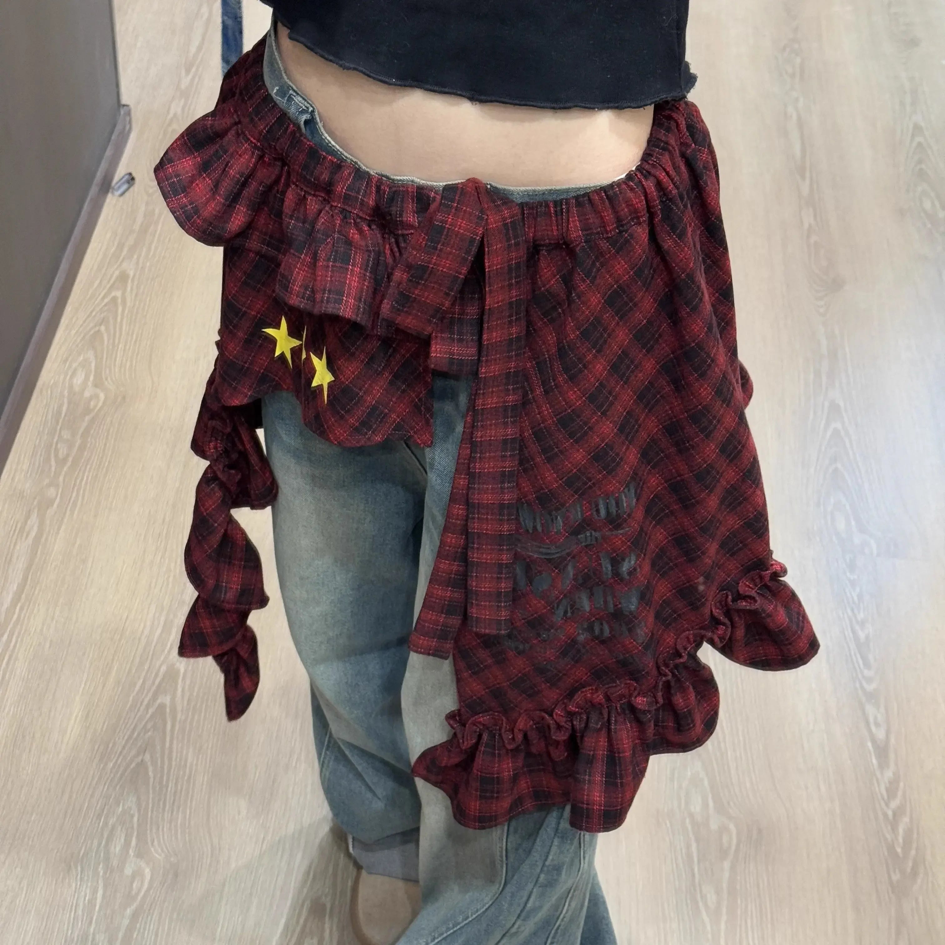 LIZAKOSHT  -  Y2k Aesthetic Plaid Irregular Ruffled Skirts Vintage Women Streetwear Letter Print Faldas Harajuku Grunge Casual Bandage Skirt