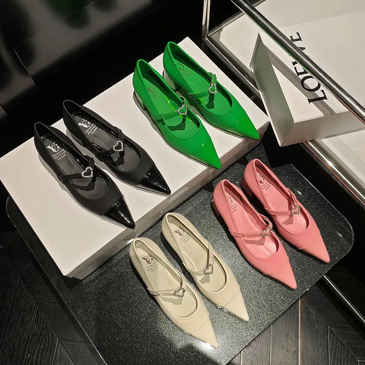 LIZAKOSHT  -  Leather Custom Rhinestone Metal Belt Buckle Mary Jane Women's Shoes Retro Pointed Square Heel Casual Shoes for Wedding Banquet