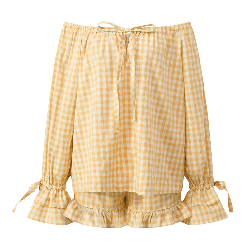 LIZAKOSHT  -  Vintage Plaid Pajama Set Elegant Lady Off Shoulder Tops + Ruffle Shorts Women 2 Piece Lounge Outfit Loose Sleepwear