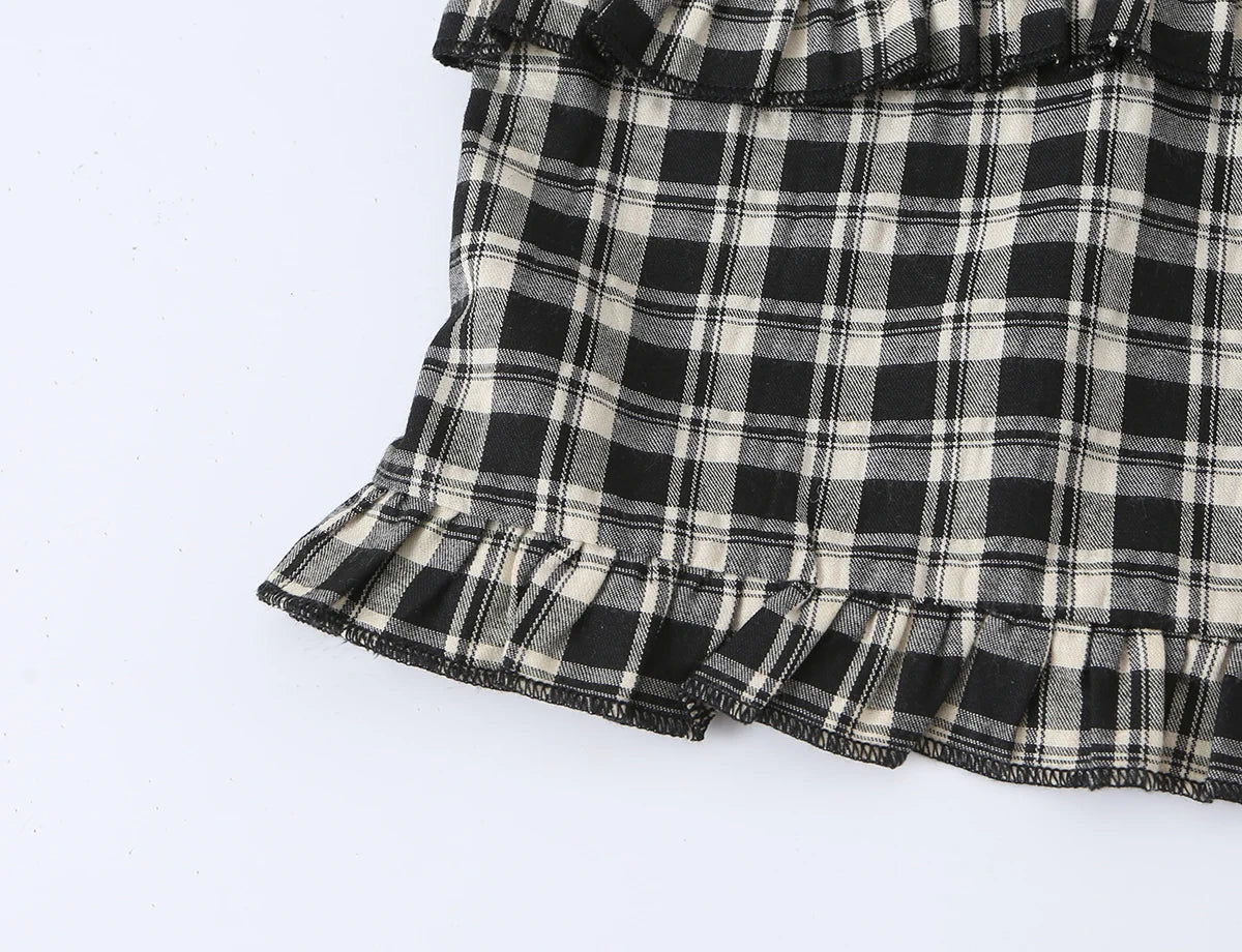 LIZAKOSHT  -  Summer Women Plaid Spliced Lace Bow O Collar Elastic Strap Tank Top Slim Corset Wood ears Slim Waist Elastic Back Crop Vest