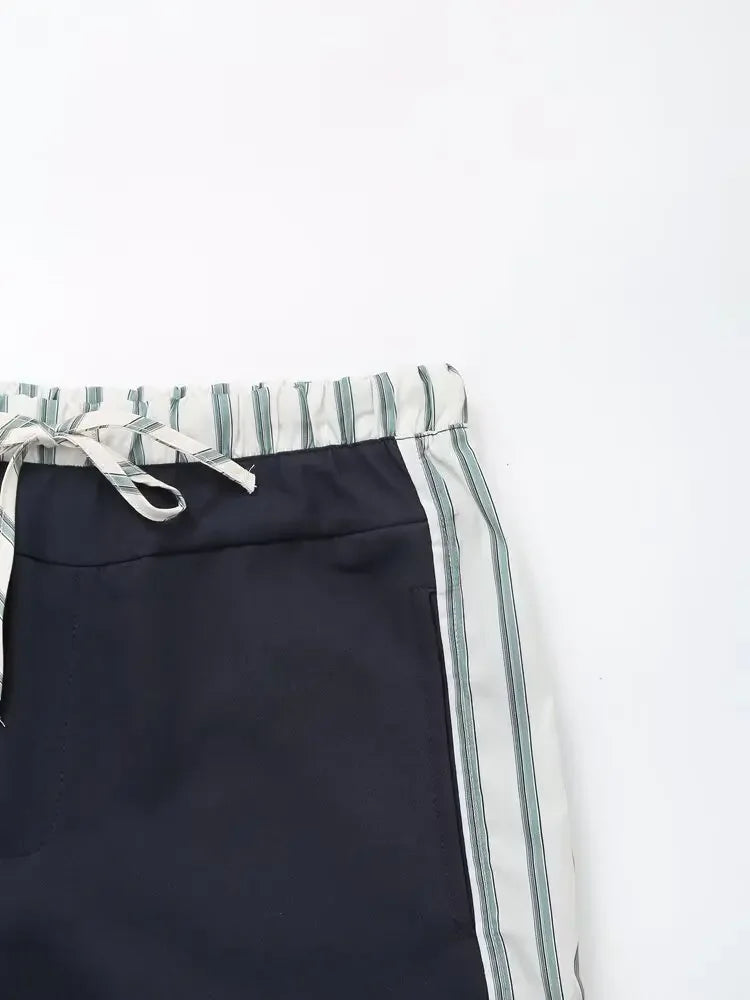LIZAKOSHT  -  Women's Striped Shirt Trousers Suit Lapel Short-sleeved Top Side Striped Elastic Waist Pants Spring Summer New Chic Suit