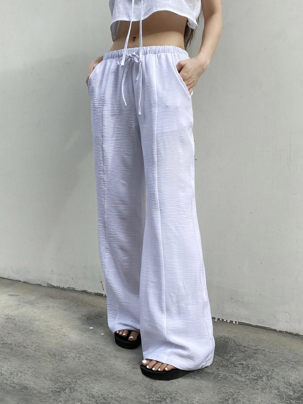 LIZAKOSHT  -  Casual Solid Wide Leg Pants Basic Bandage Low-Waisted Straight Pants Woemn Autumn Spring Fashion Streetwear Ladies