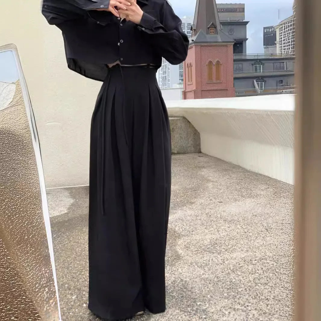 LIZAKOSHT  -  Early New Product Retro Temperament Drawstring Design Sense High Waist Hanging Sense Casual Mopping Pants Wide Leg Pants