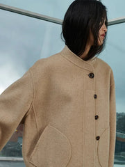 LIZAKOSHT -  Elegant Woolen Warm Cropped Coat Women Vintage Long Sleeve Short Jacket Winter Loose Stand Collar Single Breasted Cardigan Lady