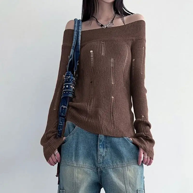 LIZAKOSHT  -  Women Grunge Loose Streetwear Pullovers Autumn Vintage Casual Knitted Hollow Out Jumpers Trendy Y2k Aesthetic Fashion Sweaters