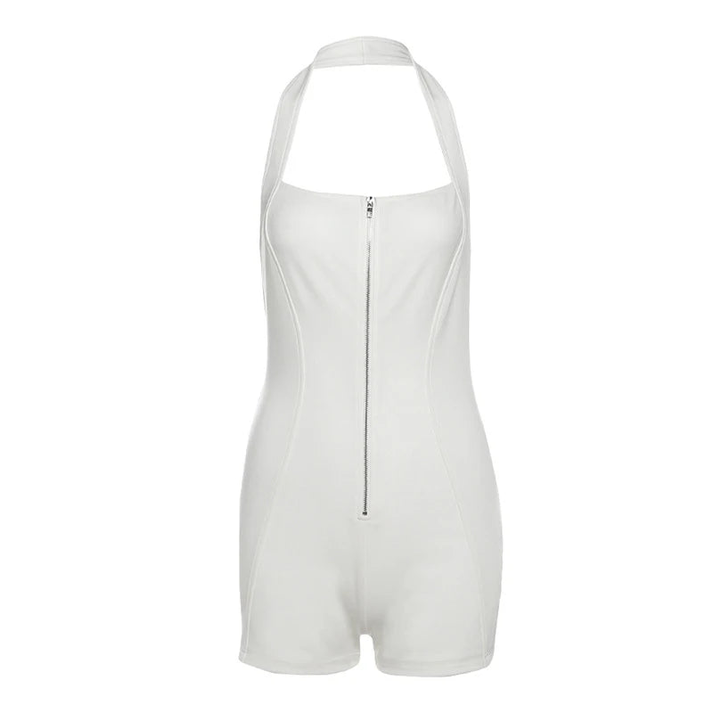 LIZAKOSHT  -  Hot Sexy Halter Backless Zip Up Skinny Women Romper Solid Color Backless Sleeveless Hipster Short Jumspuit Summer Clubwear